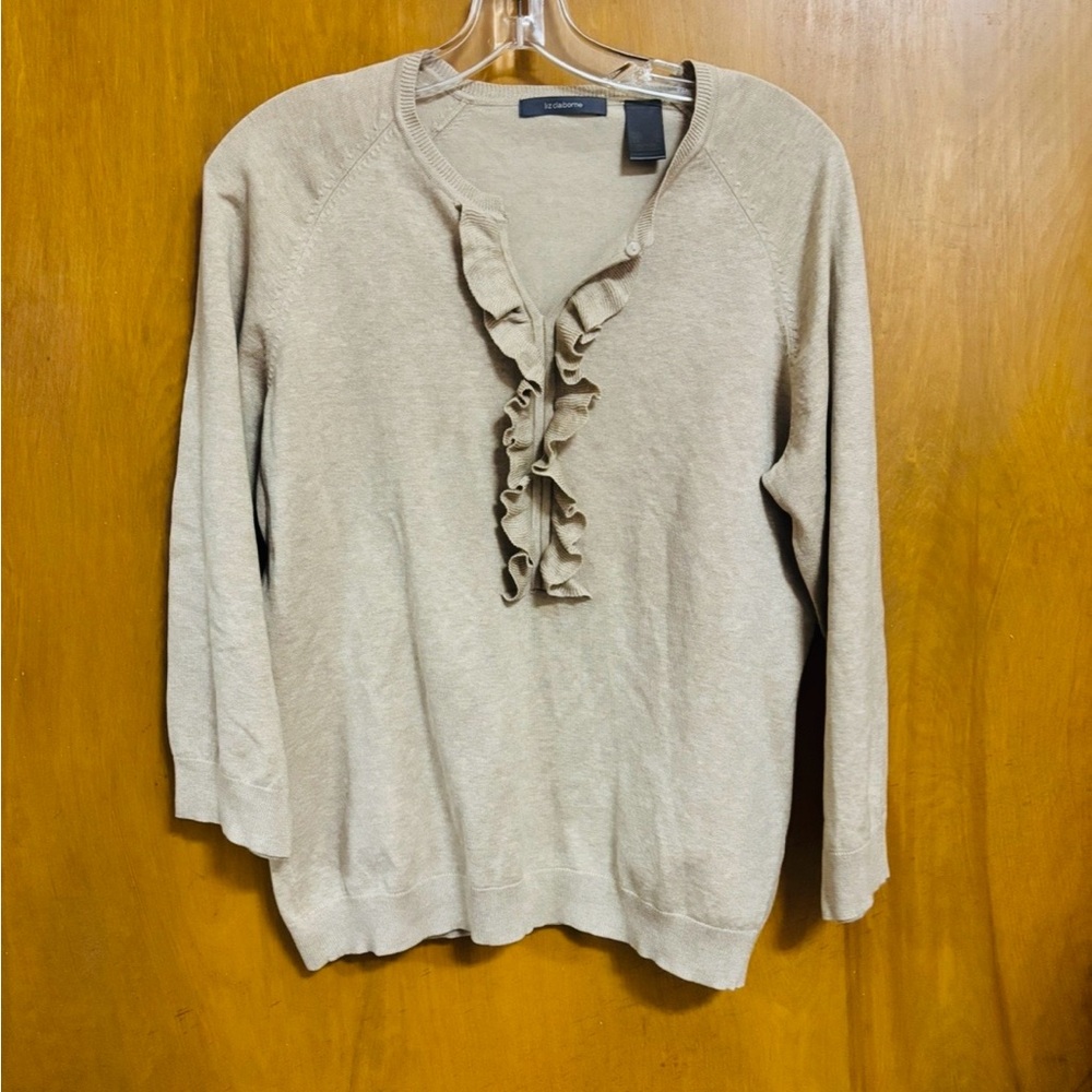 LIZ CLAIBORNE, Beige Sweater With Ruffle Trim, Size Large